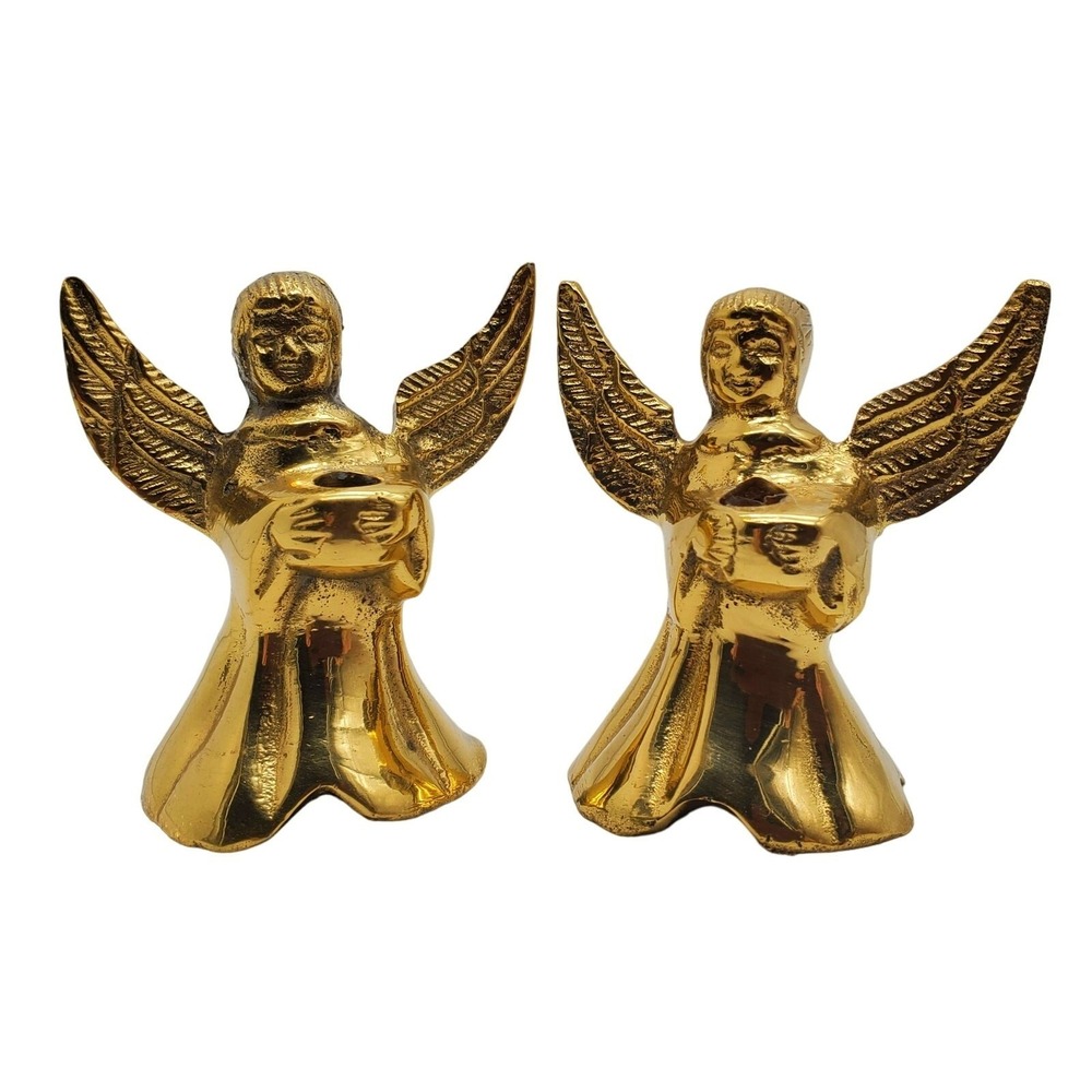 Small Taper Brass Angel Candle Holders Candlesticks Wings Cherub Vintage Decor